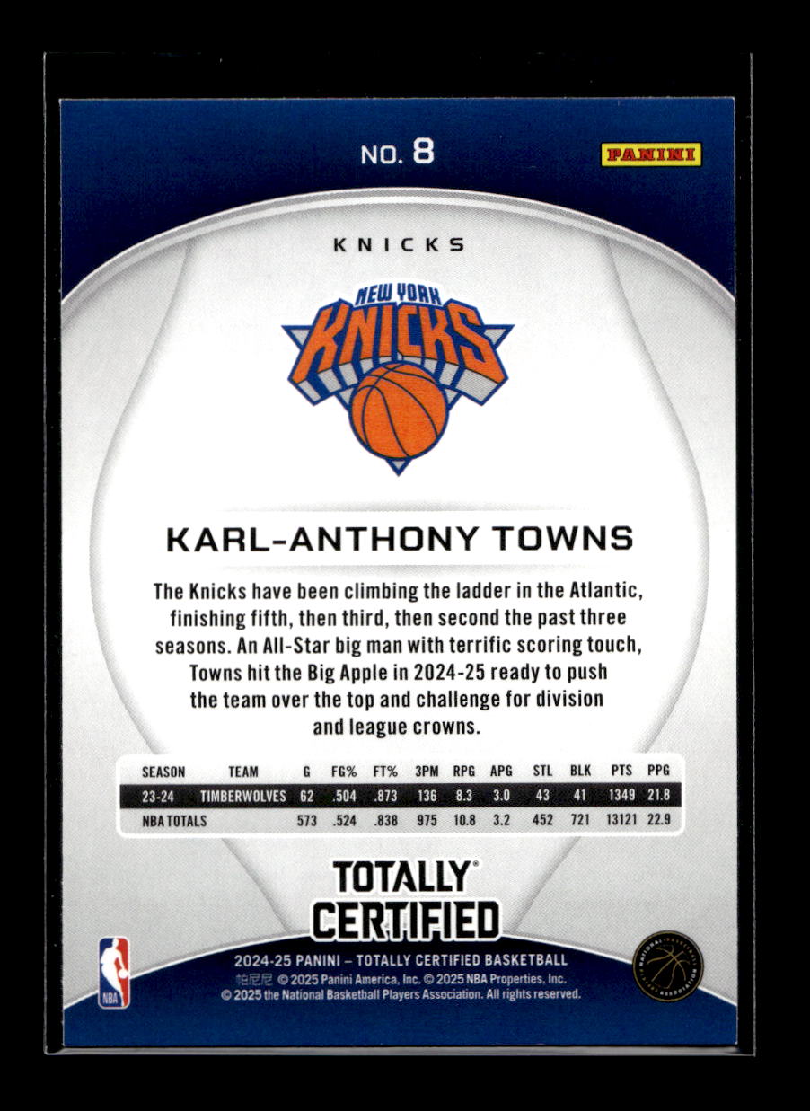 2024-25 Totally Certified Mirror Maroon #8 Karl-Anthony Towns (New York Knicks)