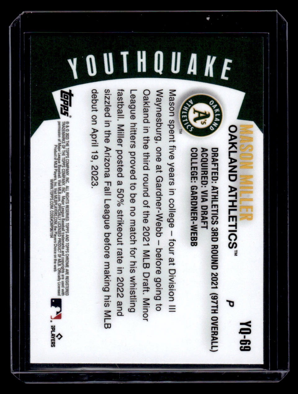 2023 Topps Chrome Update Mason Miller Youthquake Rookie Refractor YQ-69 (Oakland A's)