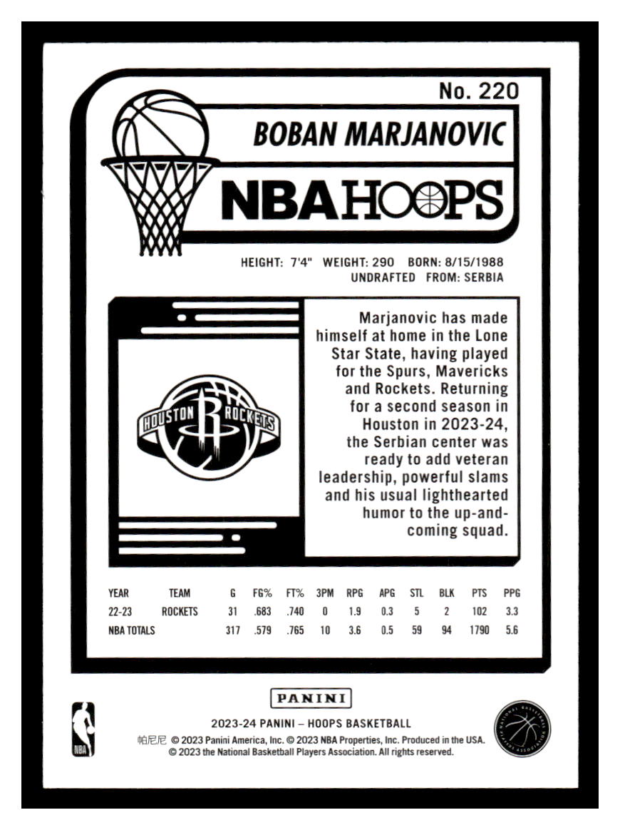 2023-24 NBA Hoops #220 Boban Marjanovic (Houston Rockets)