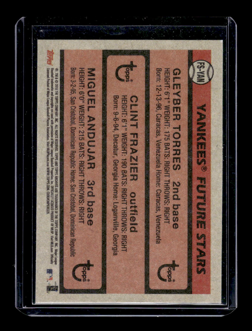 2018 Topps Archives "1981 Topps Future Stars Trio" #FS-YAN Clint Frazier / Gleyber Torres / Miguel Anujar (NY Yankees)