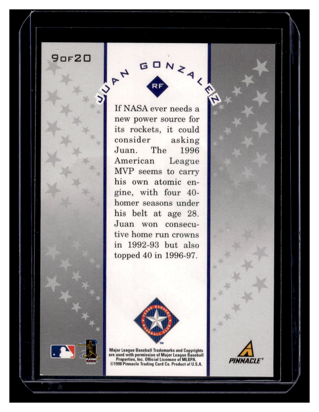 1998 Score Rookie & Traded "Star Gazing" #9 Juan Gonzalez (Texas Rangers)