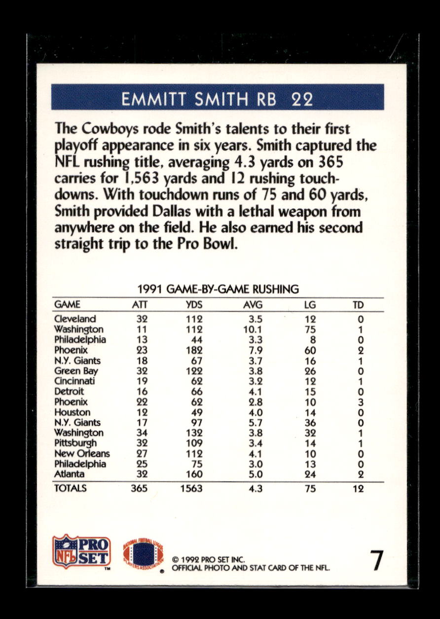 1992 Pro Set #7 Emmitt Smith LL/Rushing Leader (Dallas Cowboys)