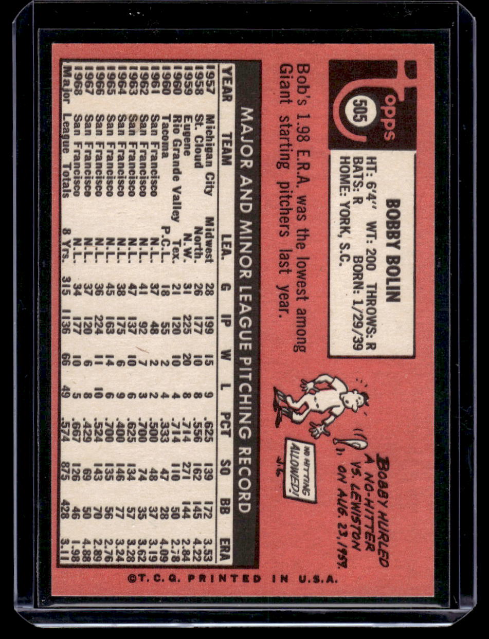 1969 Topps Bobby Bolin Card #505 (San Francisco Giants)