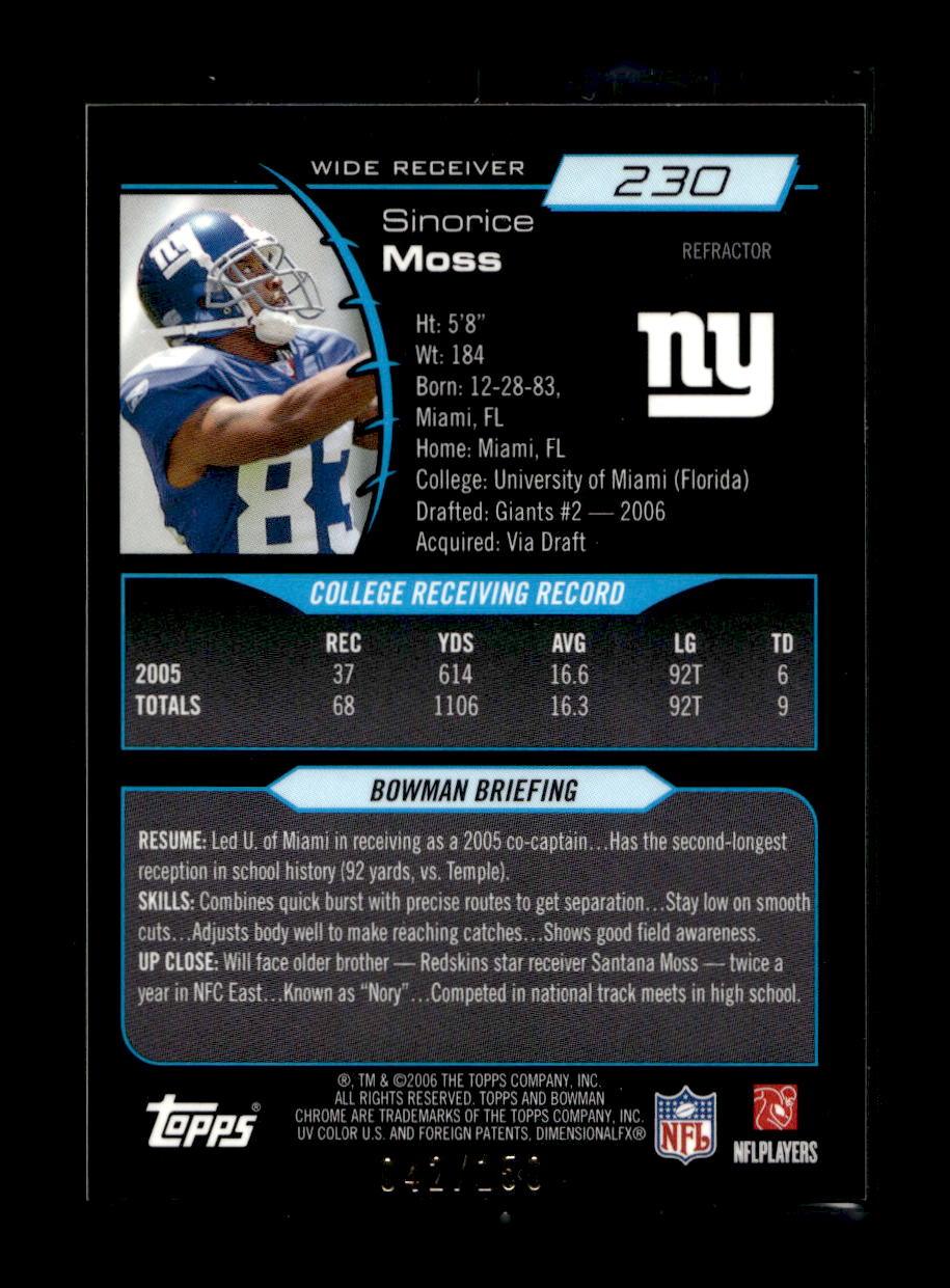 2006 Bowman Chrome Blue Refractors #230 Sinorice Moss #'d /150 (New York Giants)