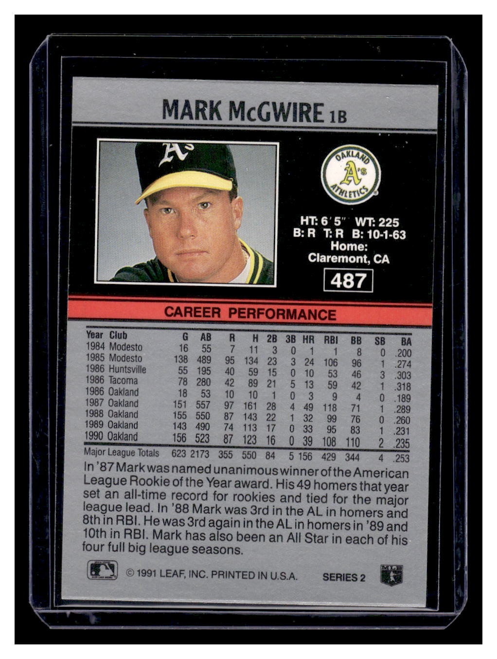 1991 Leaf #487 Mark McGwire (Oakland A's)