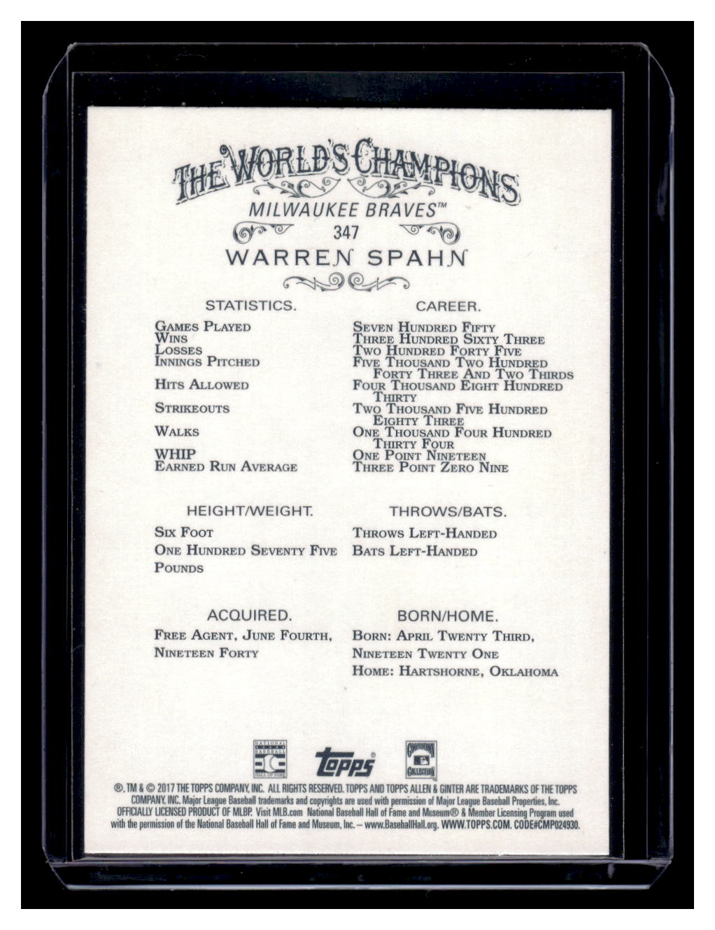 2017 Topps Allen & Ginter #347 Warren Spahn (Milwaukee Braves)