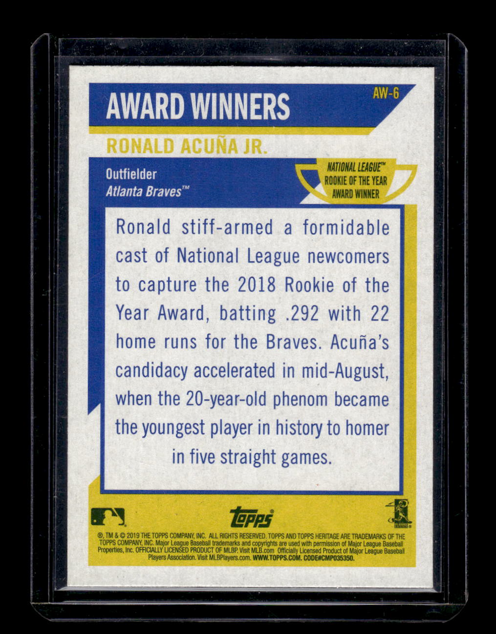2019 Topps Heritage Award Winners #AW6 Ronald Acuna Jr. (Atlanta Braves)