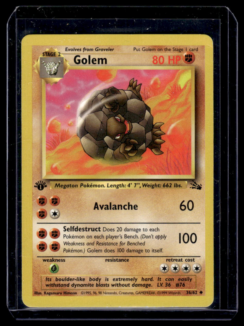 1999 Pokemon Fossil Base Set Card #36 Golem 1st Edition Sportscard Superstore 1999 Pokemon Fossil Base Set Card #36 Golem 1st Edition Sportscard Superstore