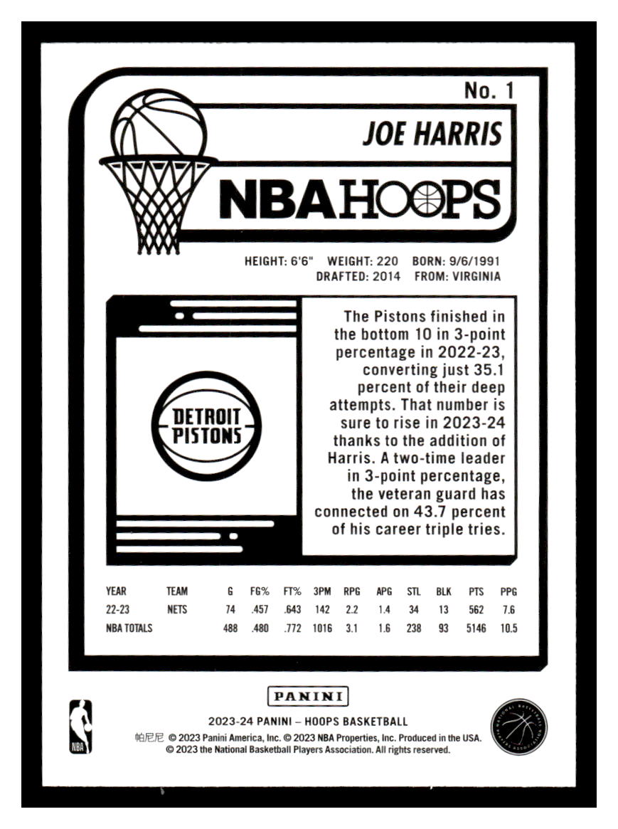2023-24 Panini NBA Hoops #1 Joe Harris (Detroit Pistons)