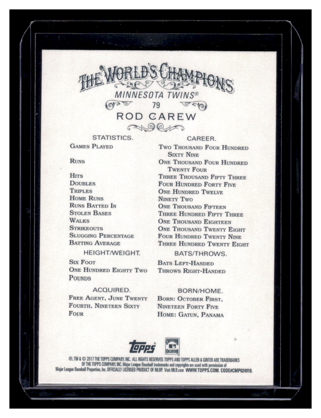 2017 Topps Allen & Ginter #79 Rod Carew (Minnesota Twins)