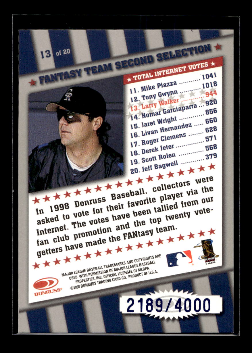 1998 Donruss FANtasy Team #13 Larry Walker #'d /4000 (Colorado Rockies)