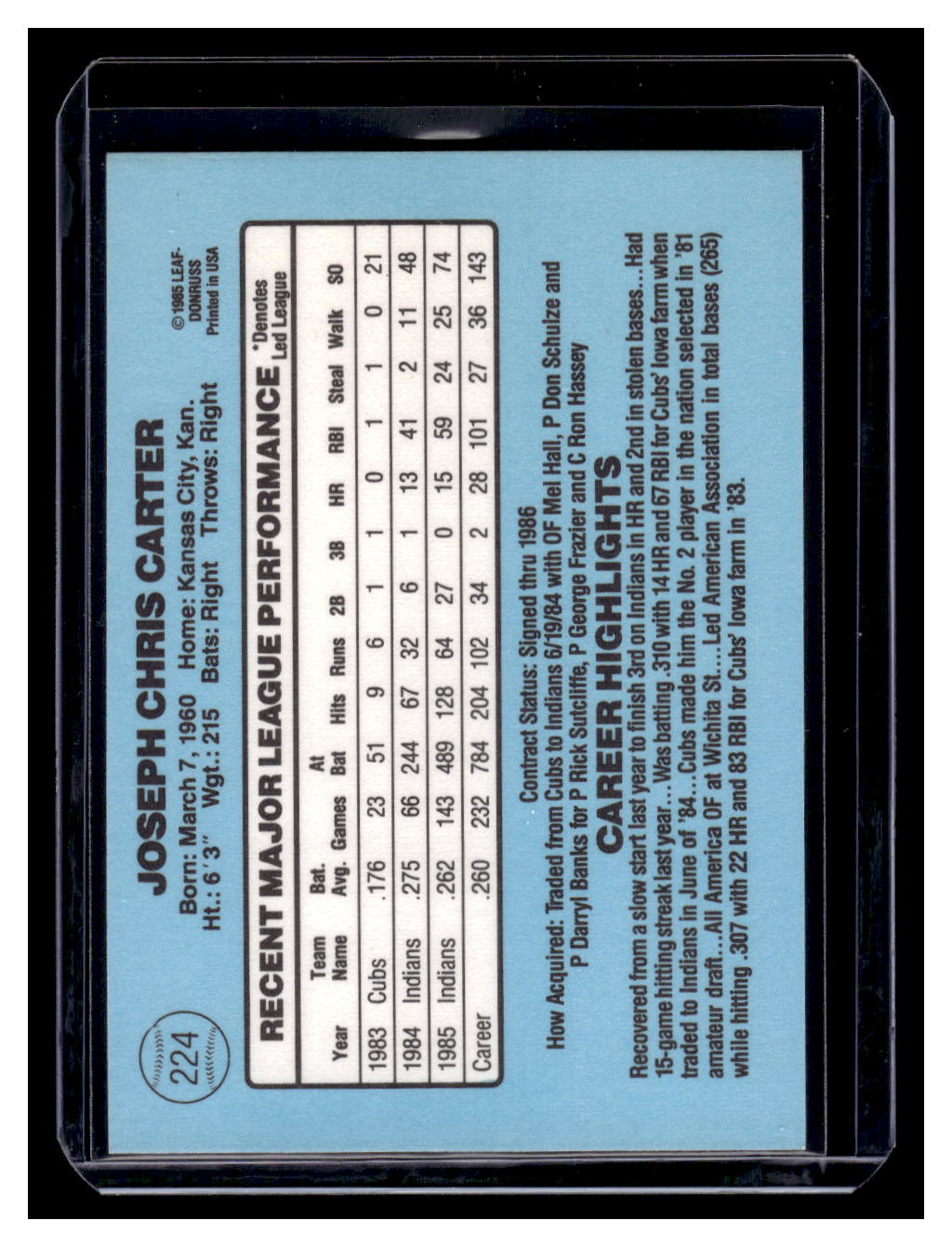 1986 Donruss #224 Joe Carter (Cleveland Indians)