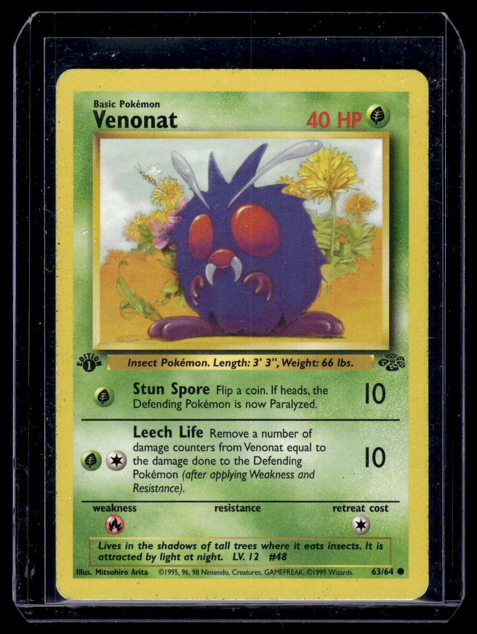 first edition venonat pokemon card 1st Jungle 63/64 1999 Common LP- NM Non Holo the Defending Pokemon is now Paralyzed Vintage Common - Set/4 Venonat