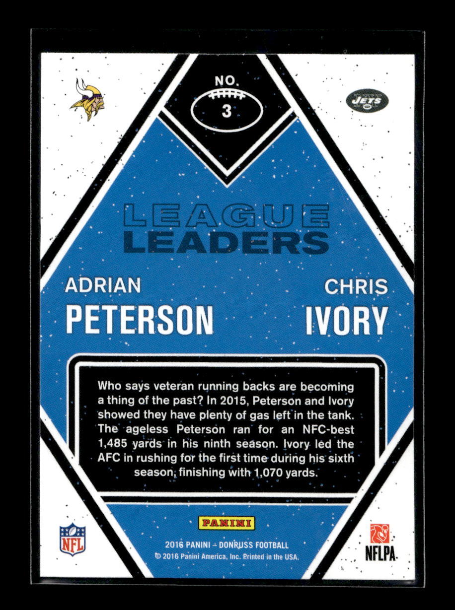 2016 Donruss League Leaders #3 Adrian Peterson/Chris Ivory (Minnesota Vikings)