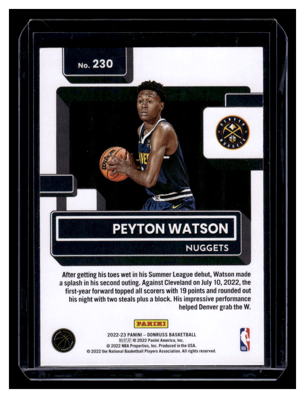 2022-23 Donruss Rated Rookie #230 Peyton Watson Rookie RC (Denver Nuggets)
