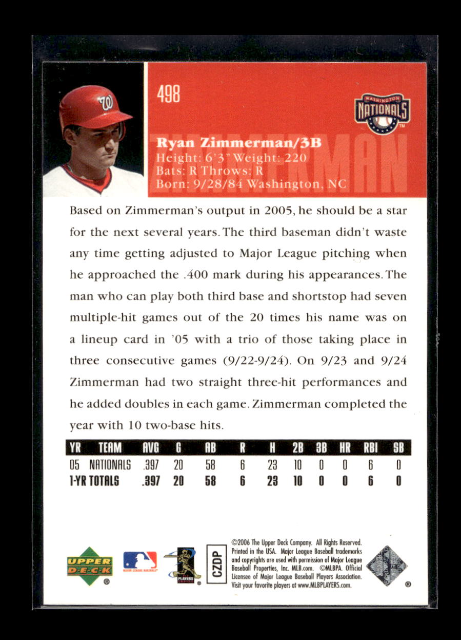 2006 Upper Deck #498 Ryan Zimmerman Rookie (Washington Nationals)