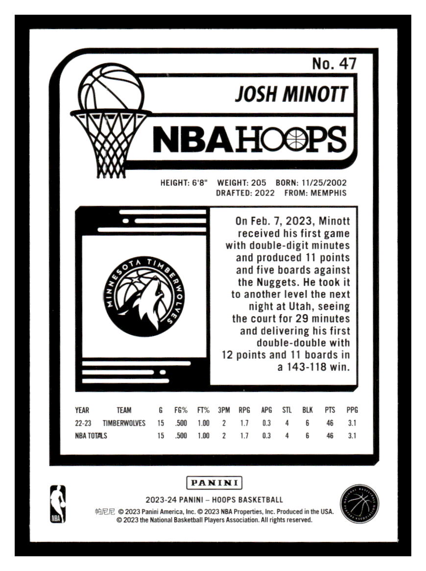2023-24 Panini NBA Hoops #47 Josh Minott (Minnesota Timberwolves)