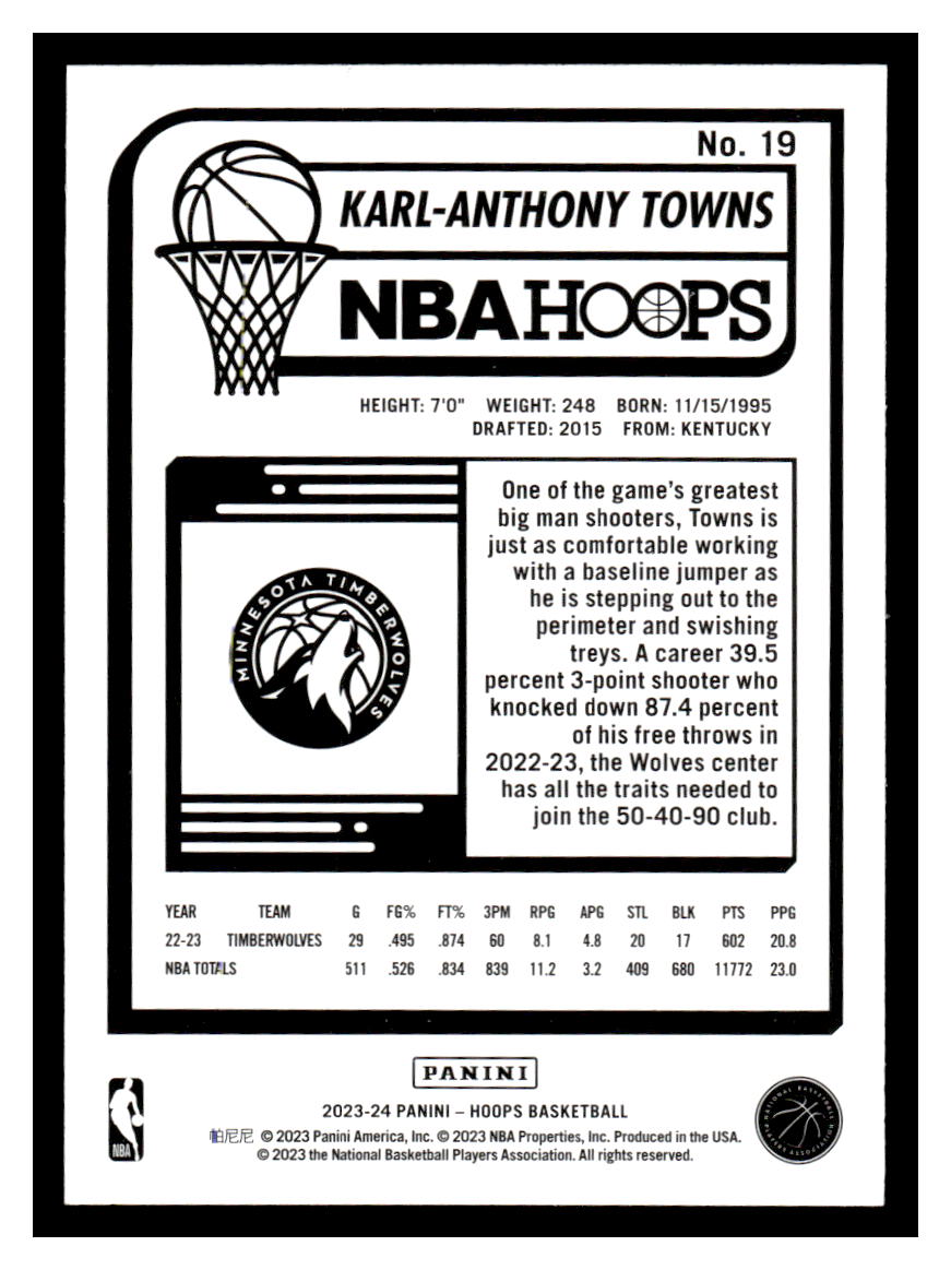 2023-24 Panini NBA Hoops #19 Karl-Anthony Towns (Minnesota Timberwolves)