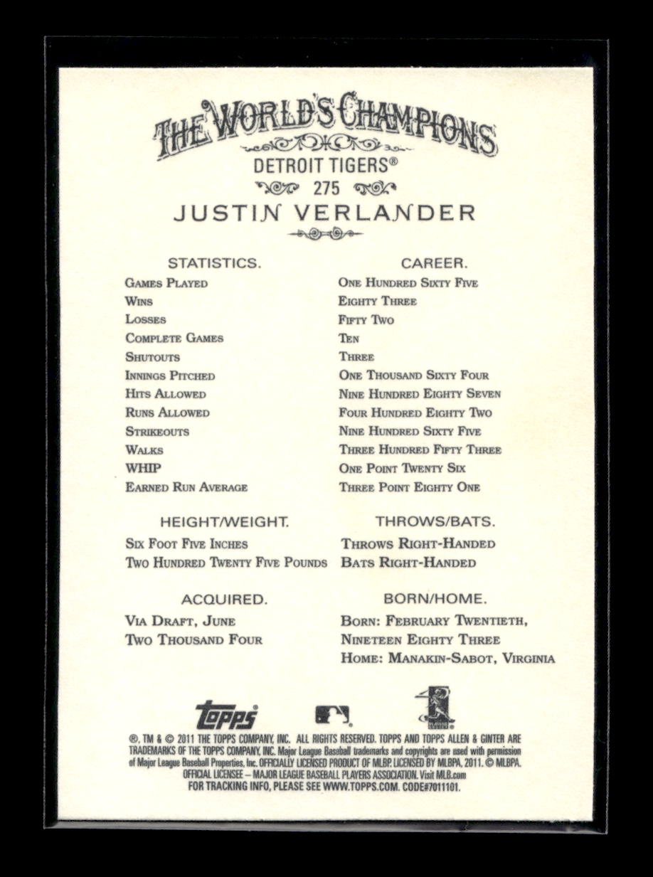 2011 Topps Allen and Ginter #275 Justin Verlander (Detroit Tigers)