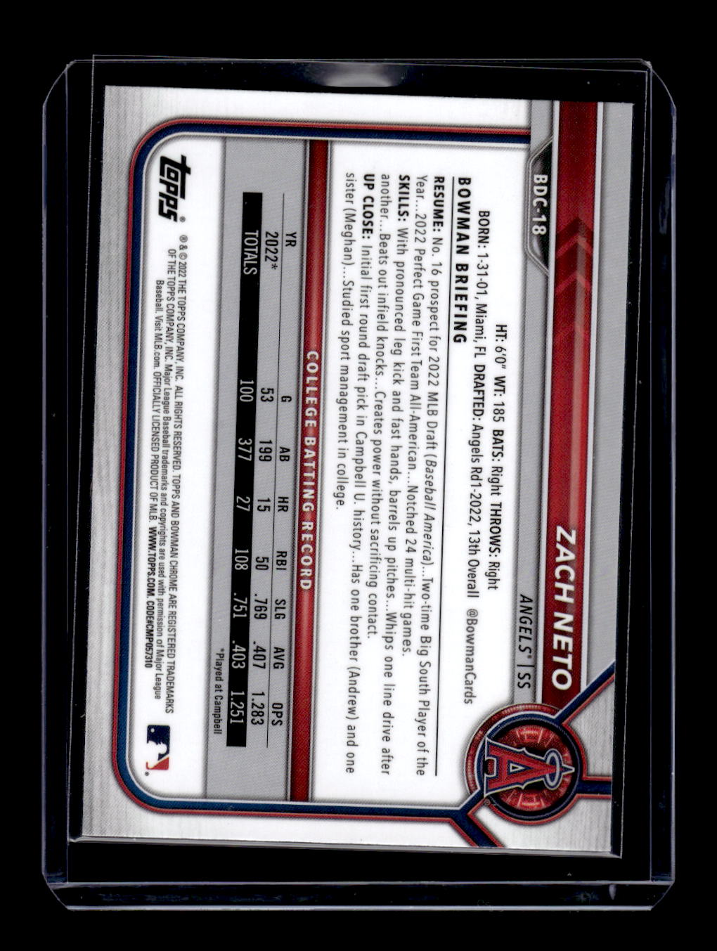 2022 Bowman Draft Chrome #BDC-18 Zach Neto RC Rookie (Los Angeles Angels)