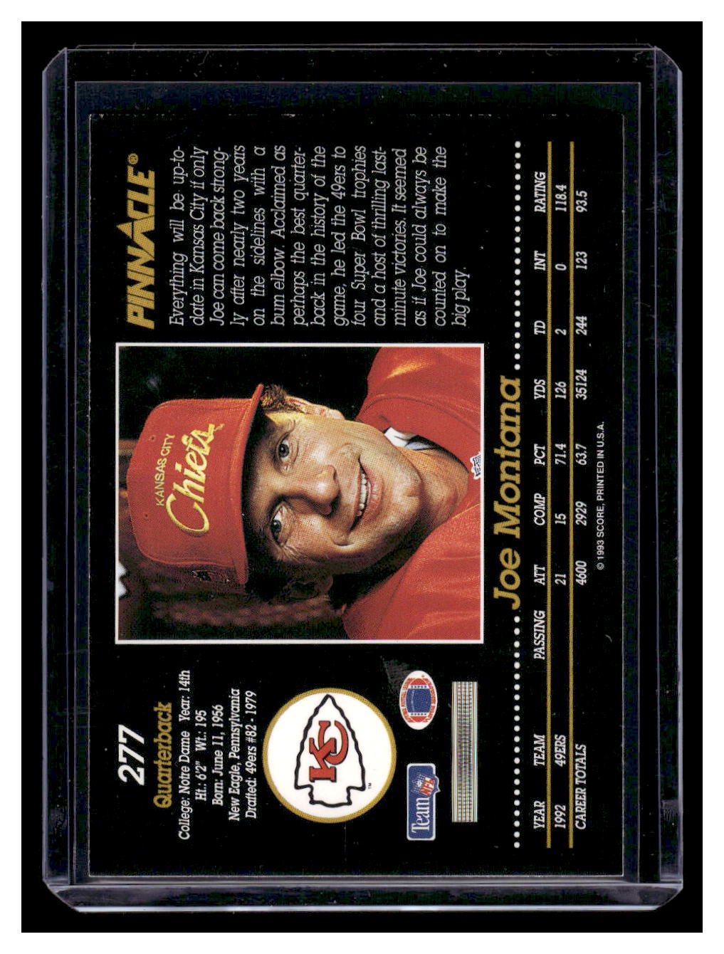 1993 Pinnacle #277 Joe Montana (Kansas City Chiefs)