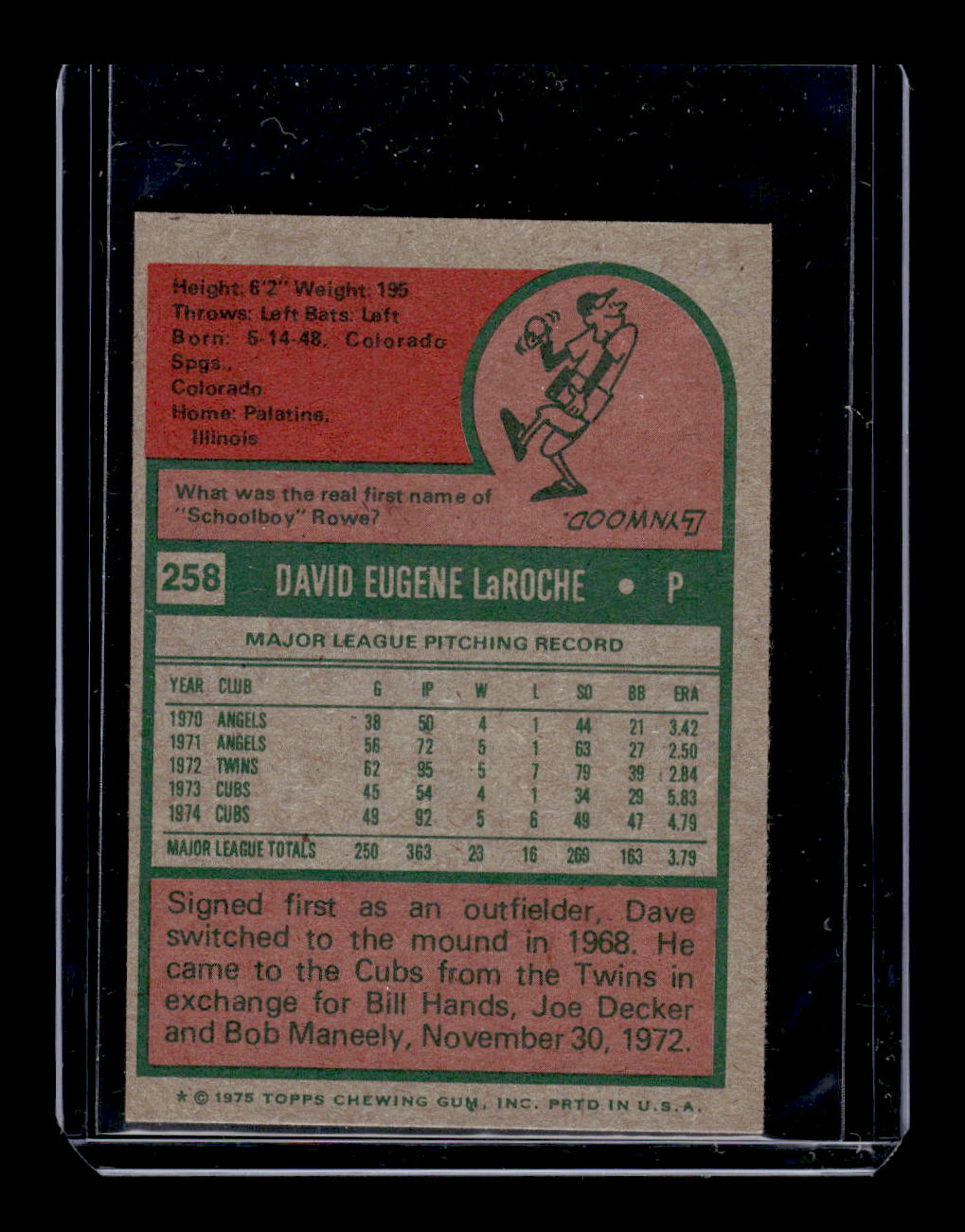 1975 Topps Mini #258 Dave LaRoche (Chicago Cubs)