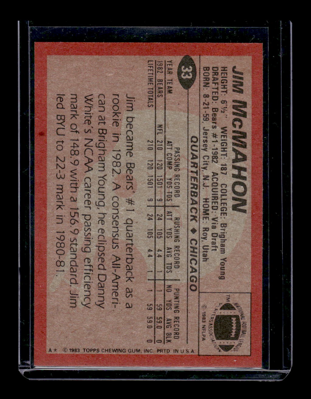 1983 Topps Rookie Card #33 Jim McMahon (Chicago Bears)