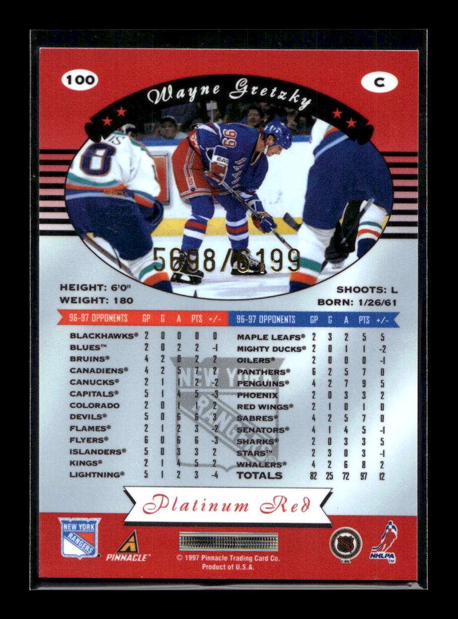 1997-98 Pinnacle Totally Certified Platinum Red #100 Wayne Gretzky #'d /6199 (New York Rangers)