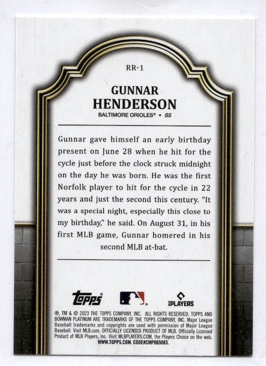 2023 Bowman Platinum GUNNAR HENDERSON #RR-1 (Orioles)