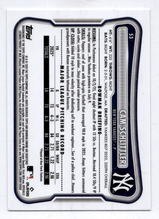 2026 Bowman Chrome Red Rookie Logo #53 Cam Schlittler (New York Yankees)