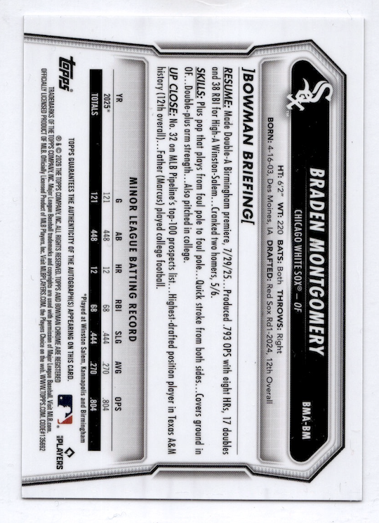 2026 Bowman Chrome Mega Box PURPLE Refractor Braden Montgomery Auto /199 #BMA-BM