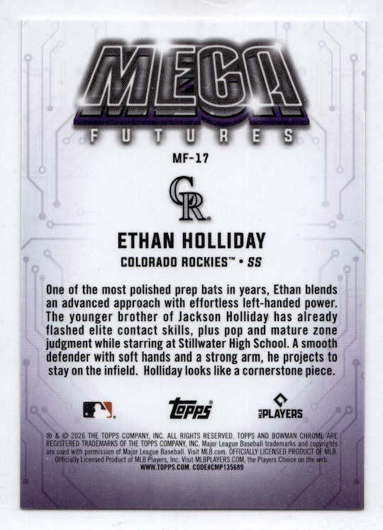 2026 Bowman Chrome Mega Futures ETHAN HOLLIDAY #MF-17 (Colorado Rockies)
