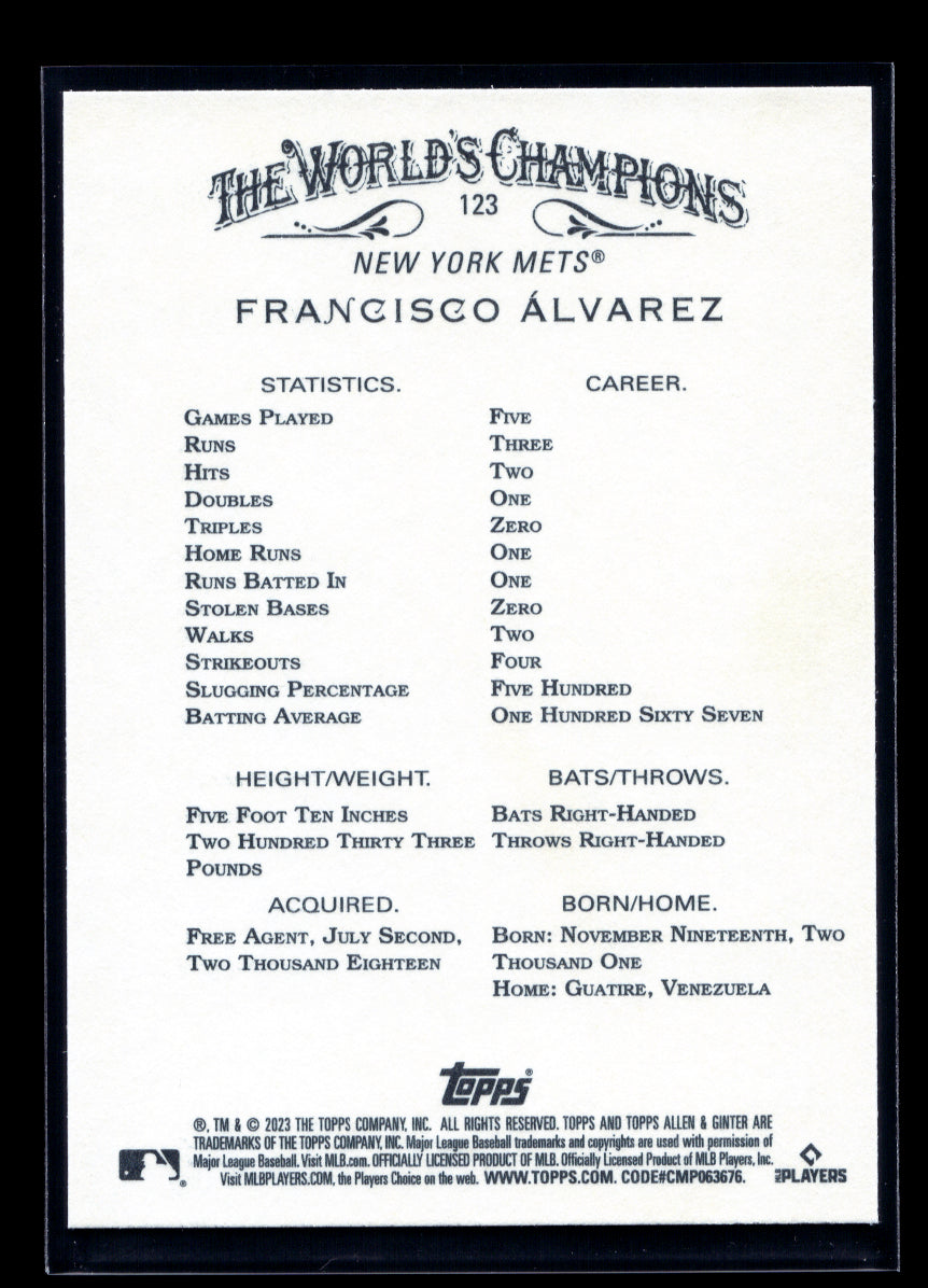 2023 Topps Allen and Ginter #123 Francisco Alvarez Rookie (New York Mets)