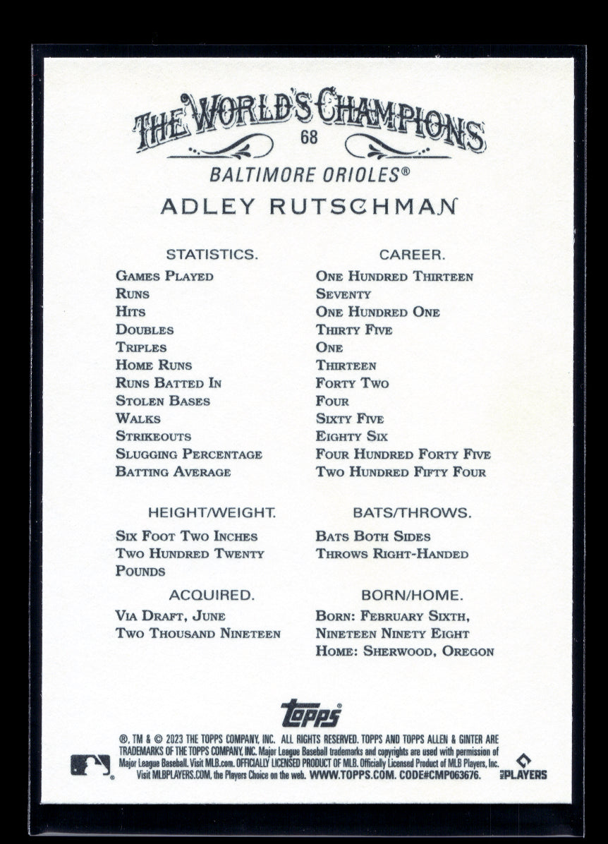 2023 Topps Allen and Ginter #68 Adley Rutschman Rookie (Baltimore Orioles)