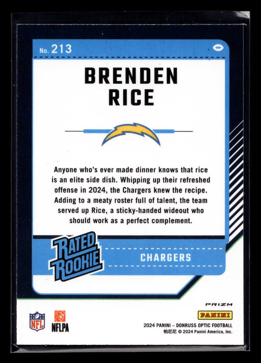 2024 Donruss Optic Purple Shock #213 Brenden Rice Rated Rookie (Los Angeles Chargers)