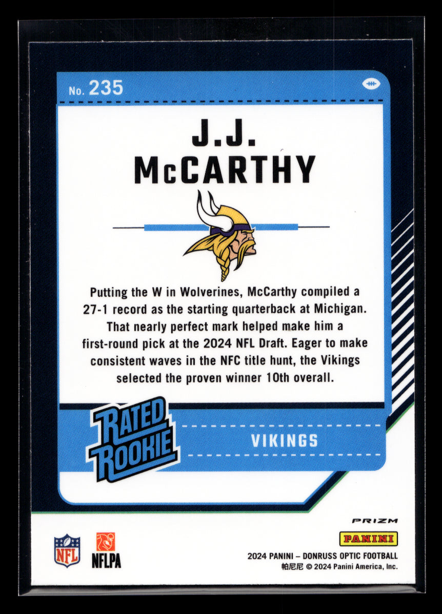 2024 Donruss Optic Purple Shock #235 JJ McCarthy Rated Rookie (Minnesota Vikings)