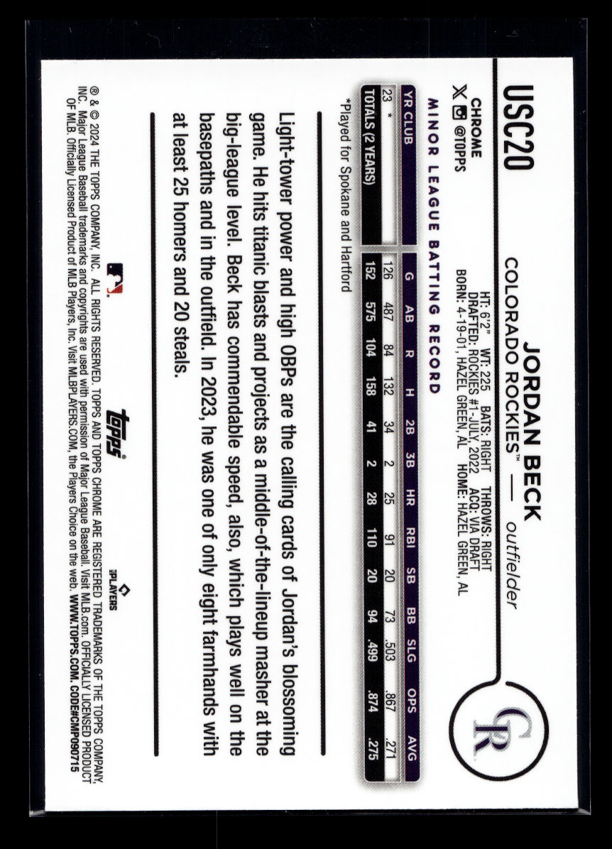 2024 Topps Chrome Update Purple Refractors #USC20 Jordan Beck #'d /250 (Colorado Rockies)