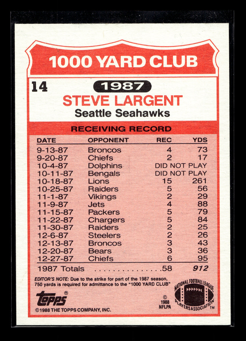 1988 Topps 1000 Yard Club #14 Steve Largent (Seattle Seahawks)