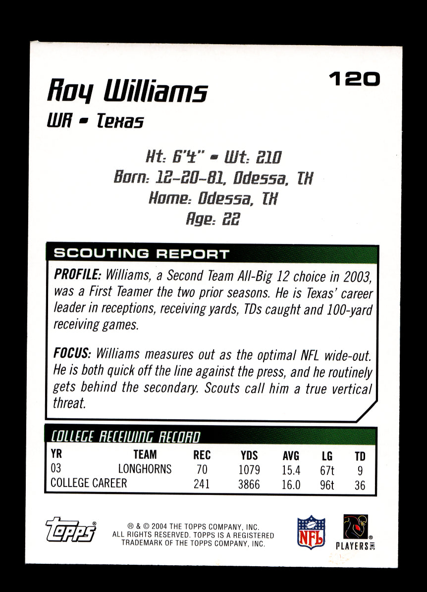 2004 Topps Draft Picks and Prospects #120 Roy Williams Rookie (Detroit Lions)