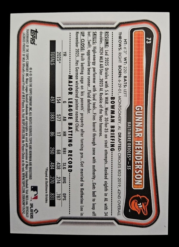 2026 Bowman #73 Gunnar Henderson (Baltimore Orioles)