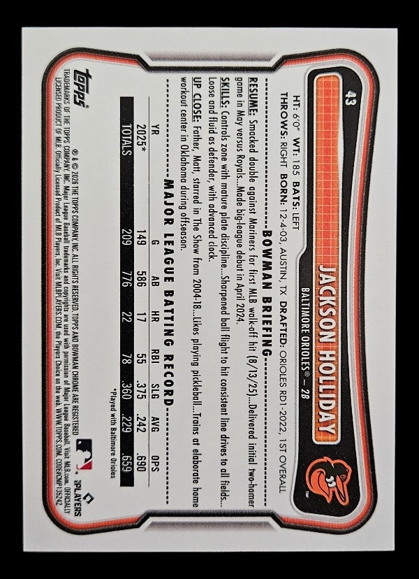 2026 Bowman #43 Jackson Holliday (Baltimore Orioles)