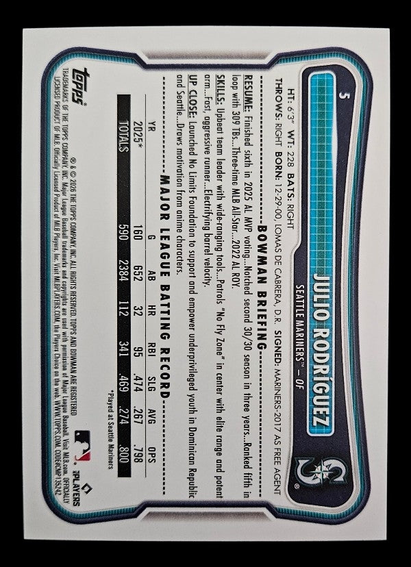 2026 Bowman #5 Julio Rodriguez (Seattle Mariners)