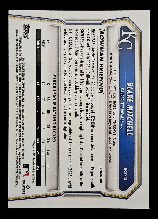 2026 Bowman Chrome Prospects Refractors #BCP13 Blake Mitchell #'d /499 (Royals)