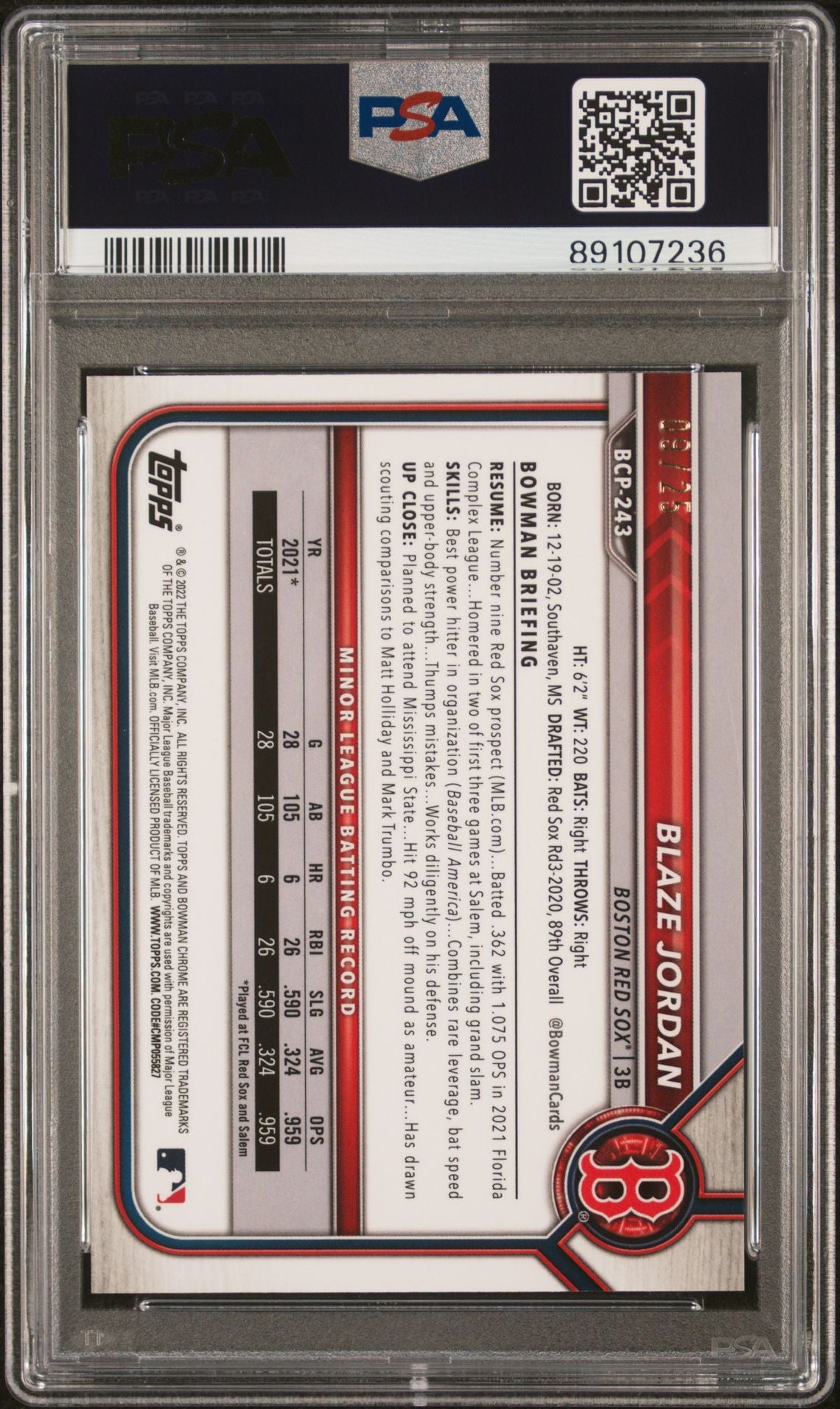 2022 Bowman Chrome Prospects #BCP-243 Blaze Jordan Orange Shimmer Refractor #'d /25 (Boston Red Sox)