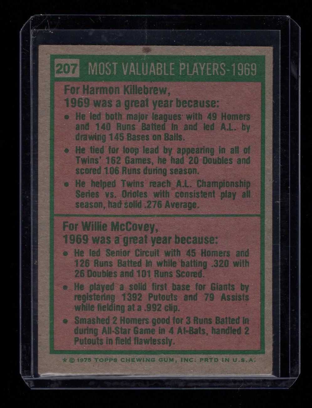 1975 Topps #207 Harmon Killebrew / Willie McCovey MVP