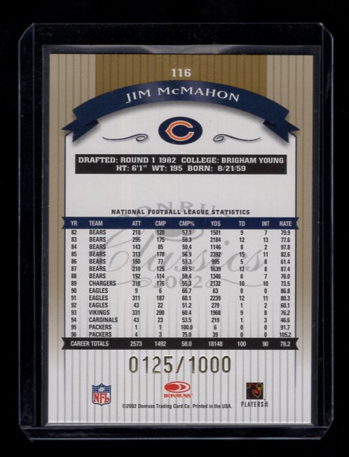 2002 Donruss Classics #116 Jim McMahon #'d /1000 (Chicago Bears)
