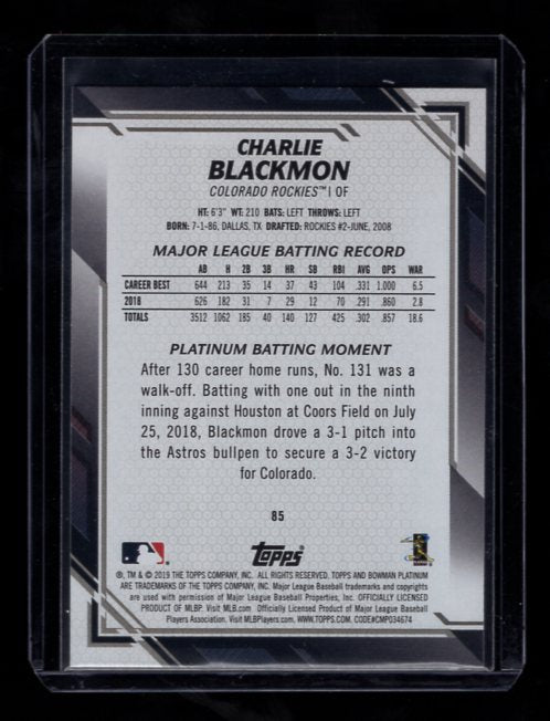 2019 Bowman Platinum #85 Charlie Blackmon (Colorado Rockies)