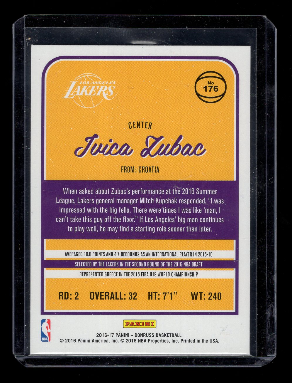 2016-17 Donruss #176 Ivica Zubac Rookie RC (Los Angeles Lakers)