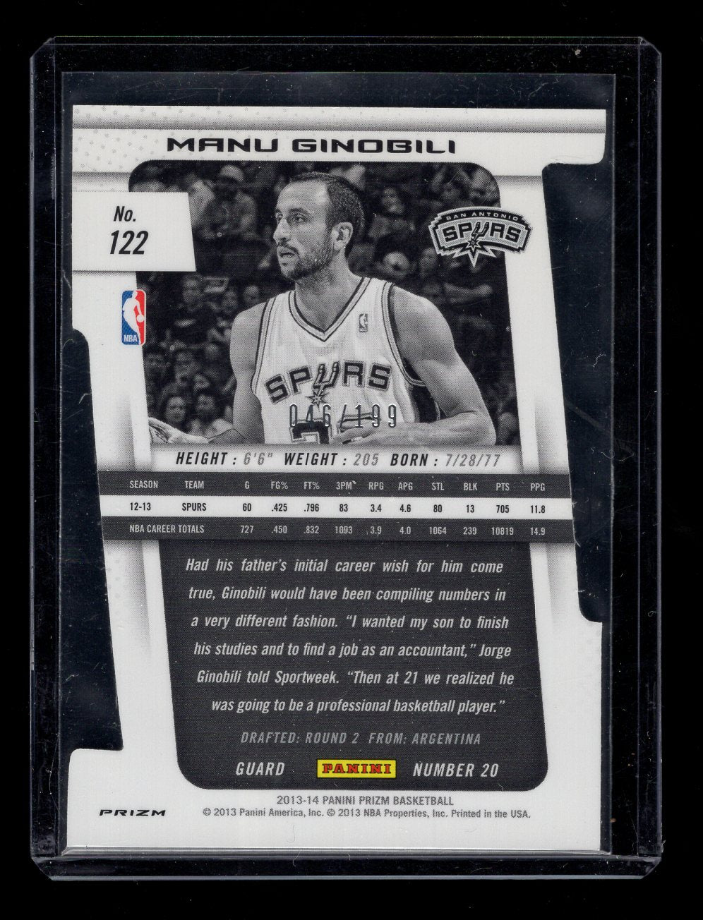 2013-14 Panini Prizm Prizms Light Blue Die-Cut #122 Manu Ginobili #'d /199 (San Antonio Spurs)