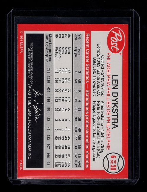 1991 Post Canadian #6 Len Dykstra (Philadelphia Phillies)